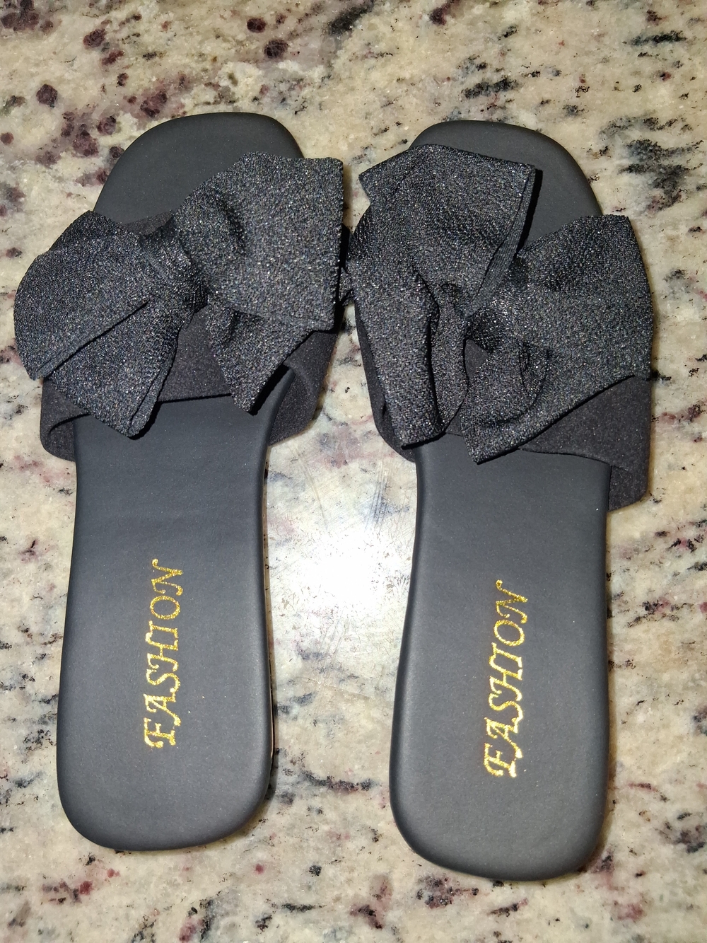 Angels Black Bow Slide Sandals with Sparkle